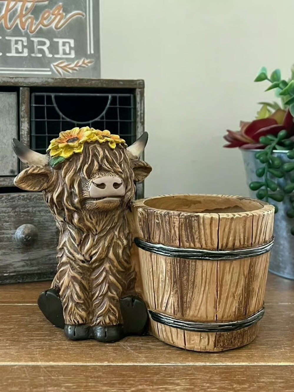 New Decorative Highland Cow Flower Pot Sunflower